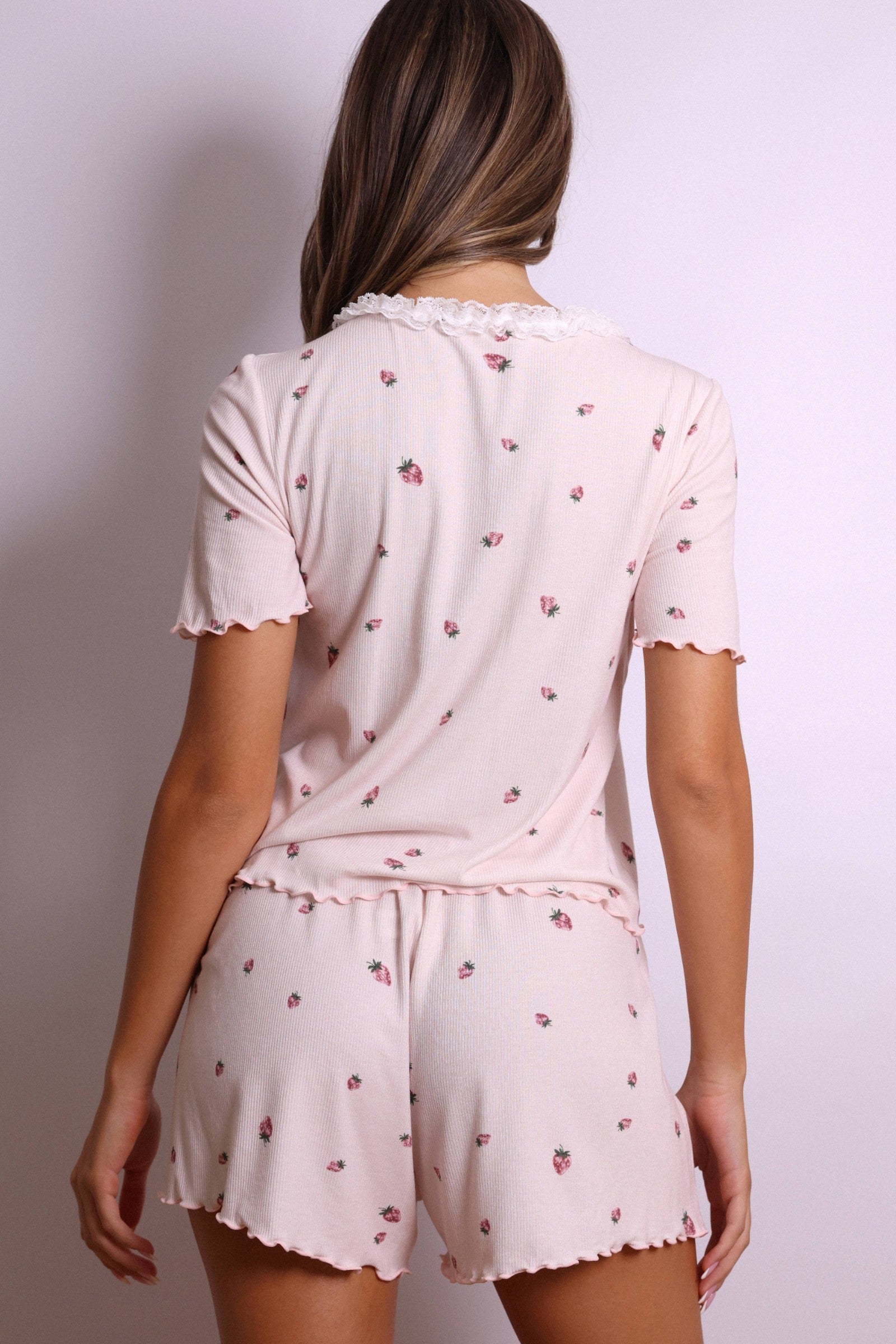 Ivy Strawberry Lace &amp; Bow Pajama Set – Pink