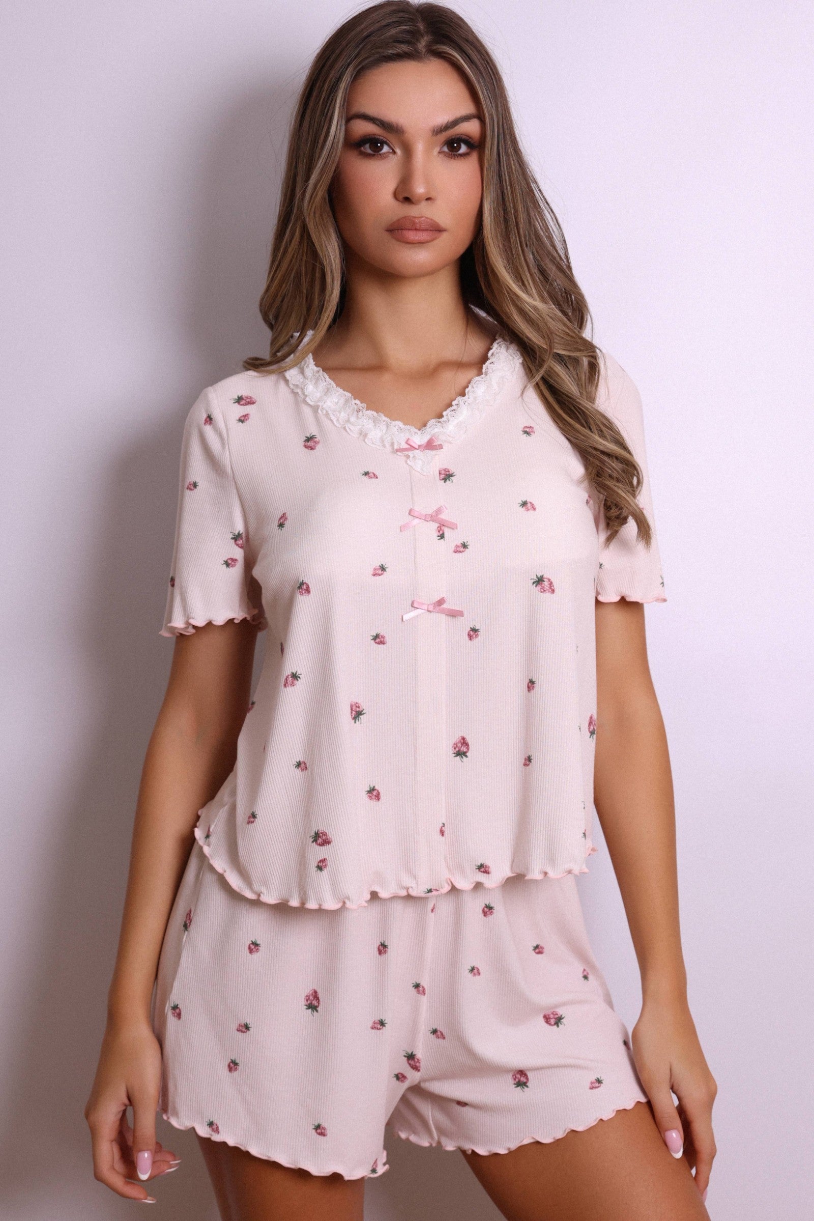 Ivy Strawberry Lace &amp; Bow Pajama Set – Pink