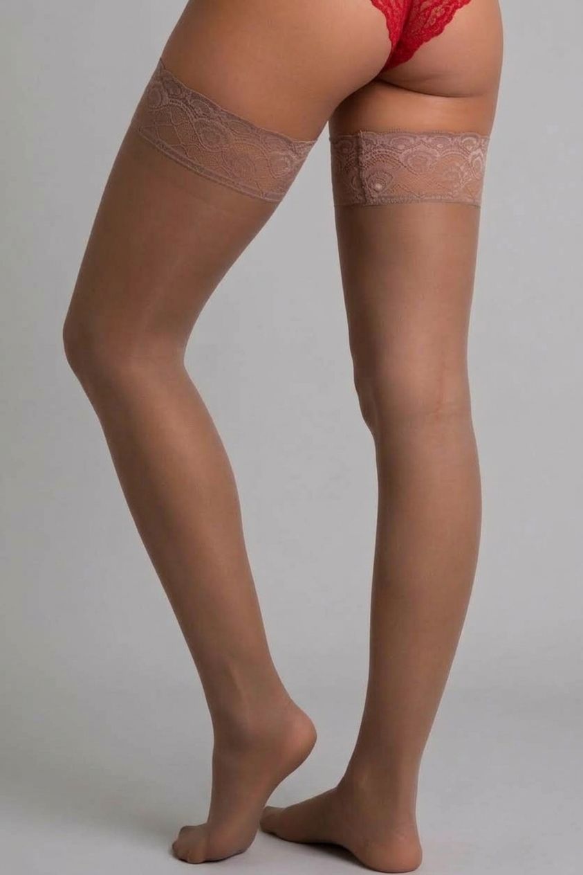 Kira High-Gloss Lace Thigh-High Stockings - Coffee