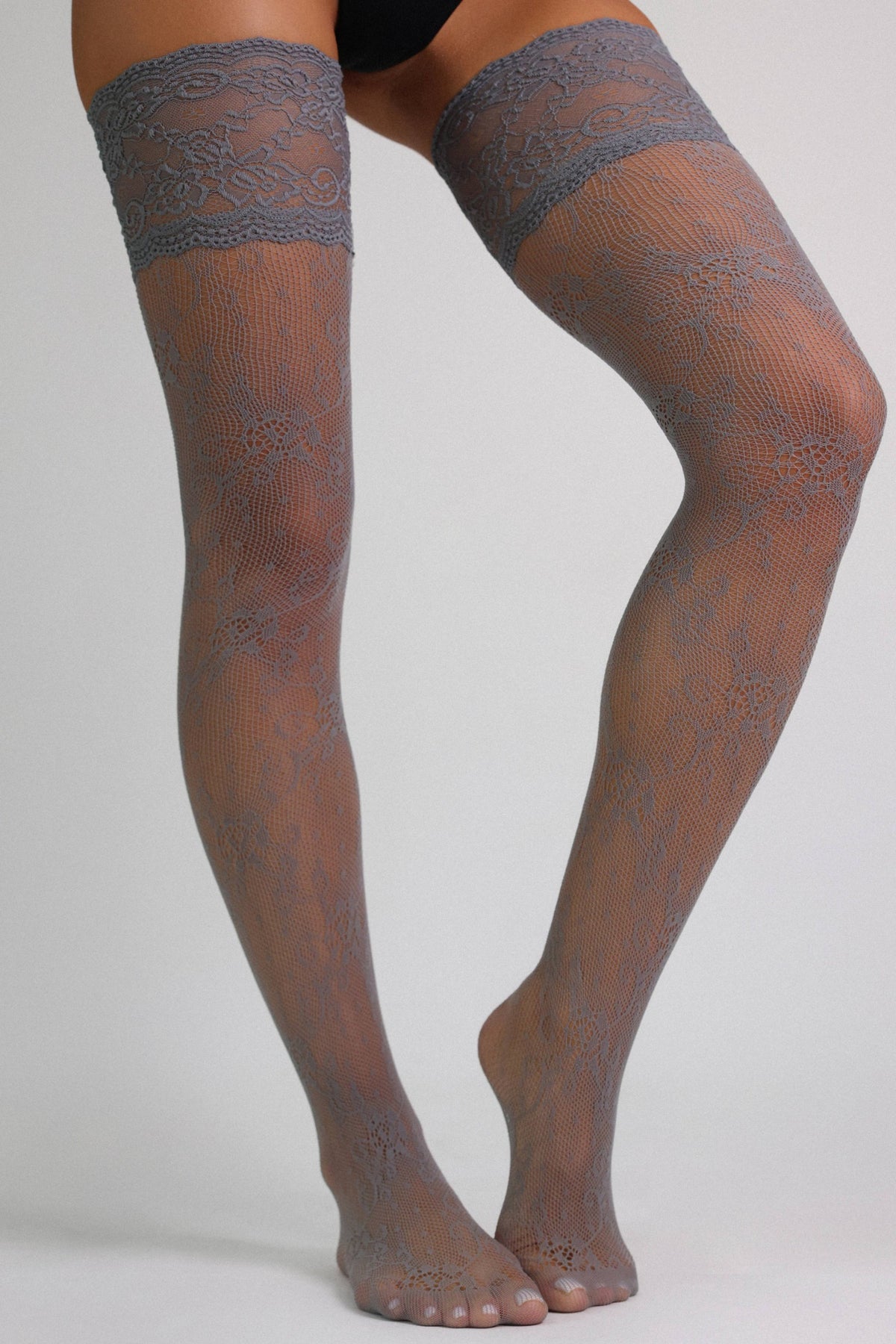 Lorelei Vintage Lace Thigh-High Stockings – Slate Gray