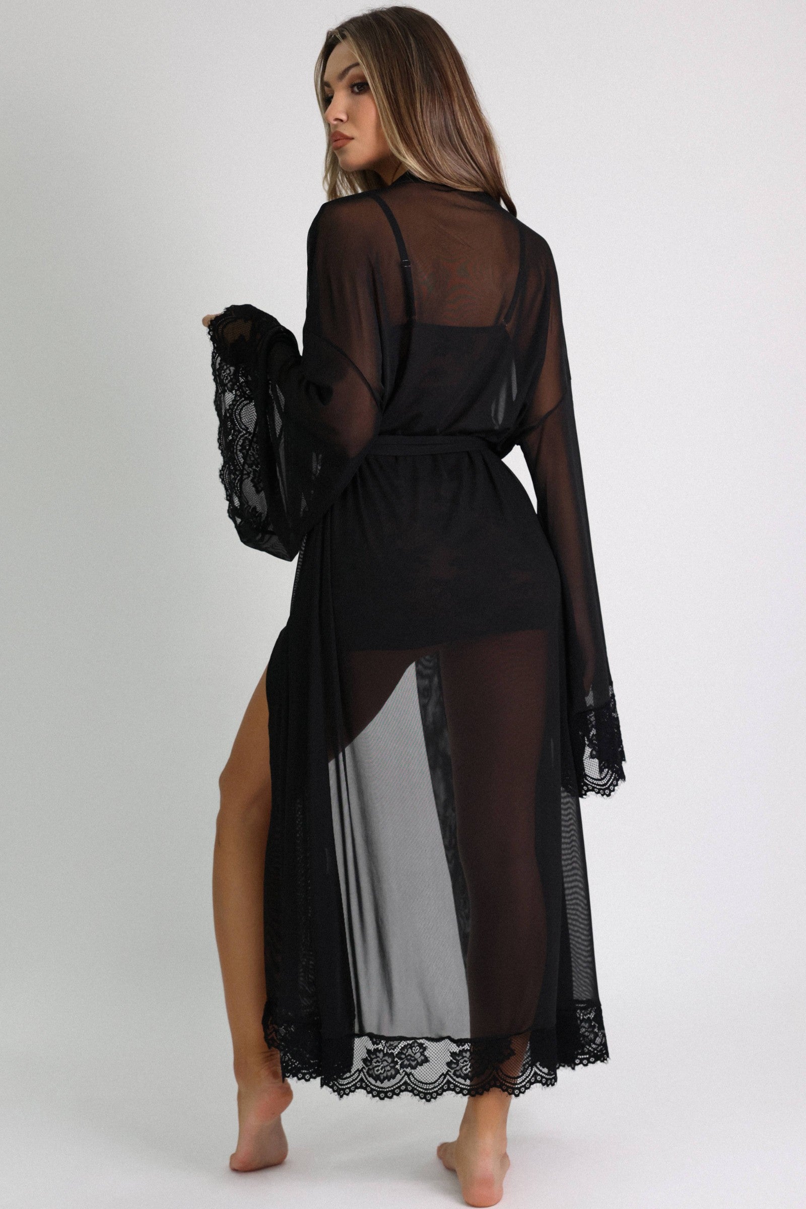 Loren Sheer Lace Slip &amp; Maxi Robe Set – Black