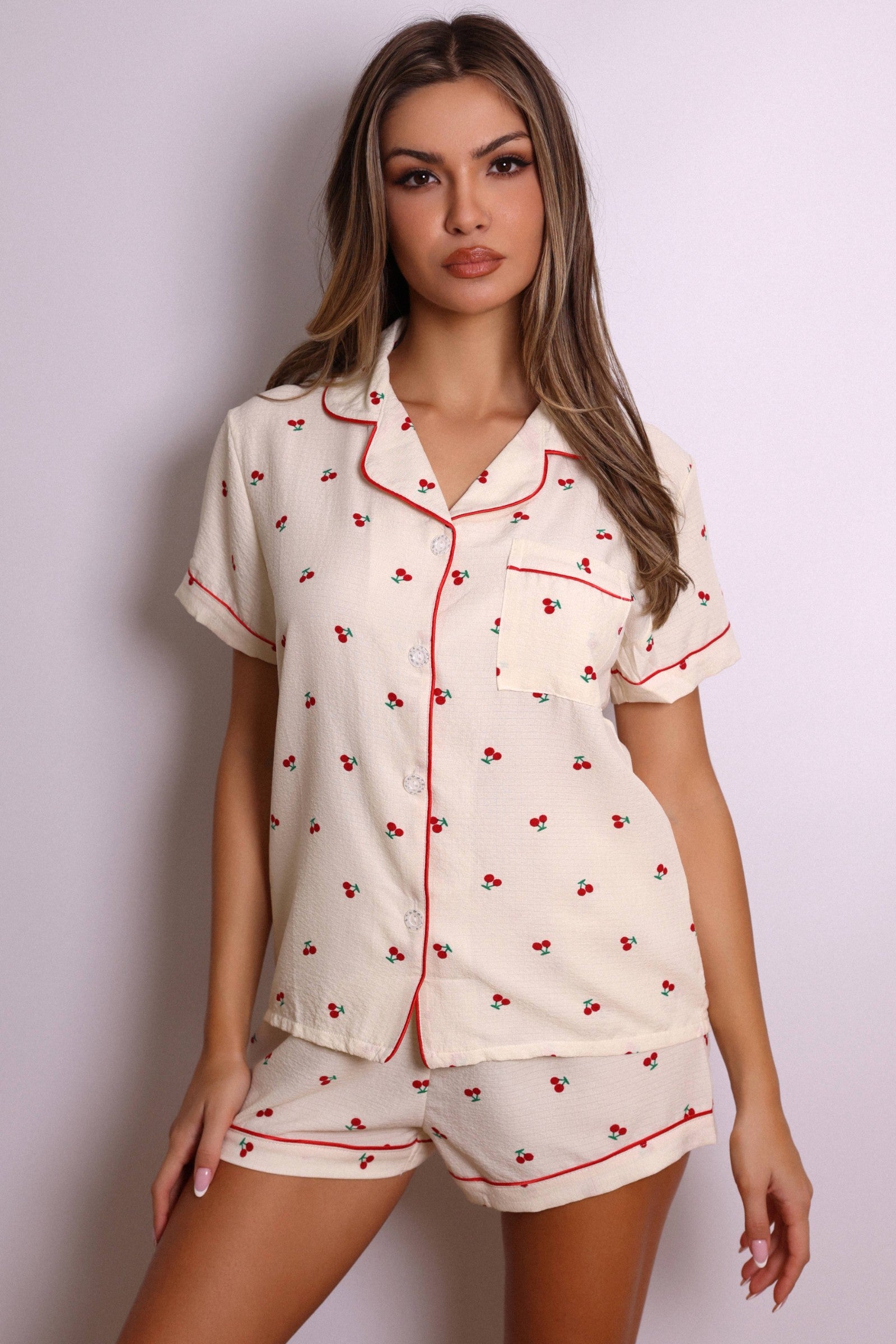 Lucy Cherry Print Short Pajama Set – Cream