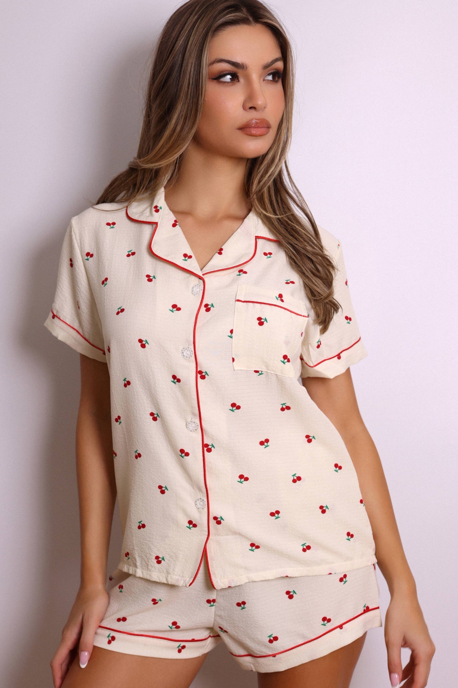 Lucy Cherry Print Short Pajama Set – Cream