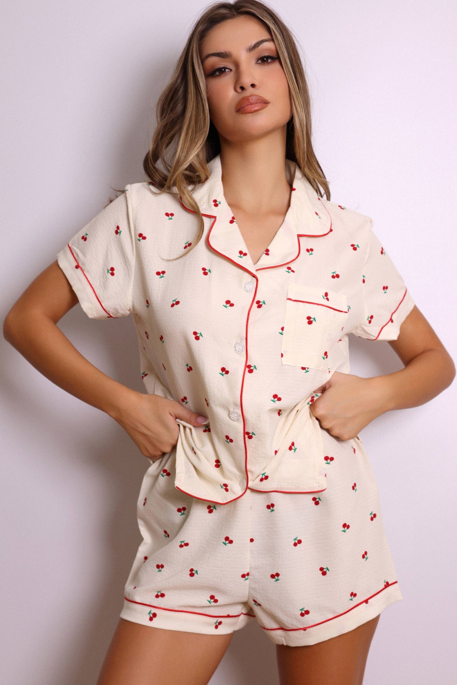 Lucy Cherry Print Short Pajama Set – Cream