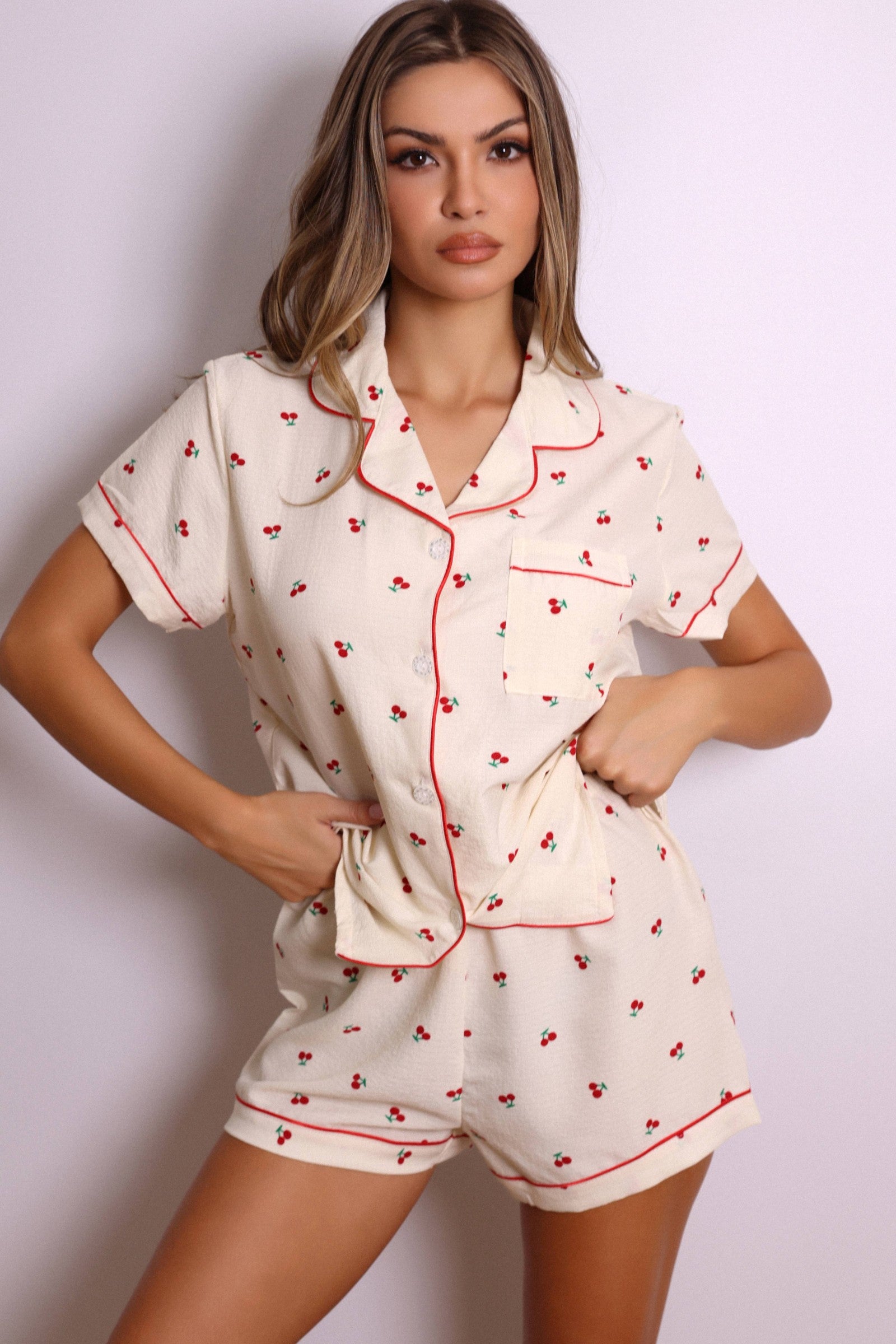 Lucy Cherry Print Short Pajama Set – Cream