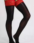 Roxanne Glossy Contrast Lace Thigh-Highs – Black and Red