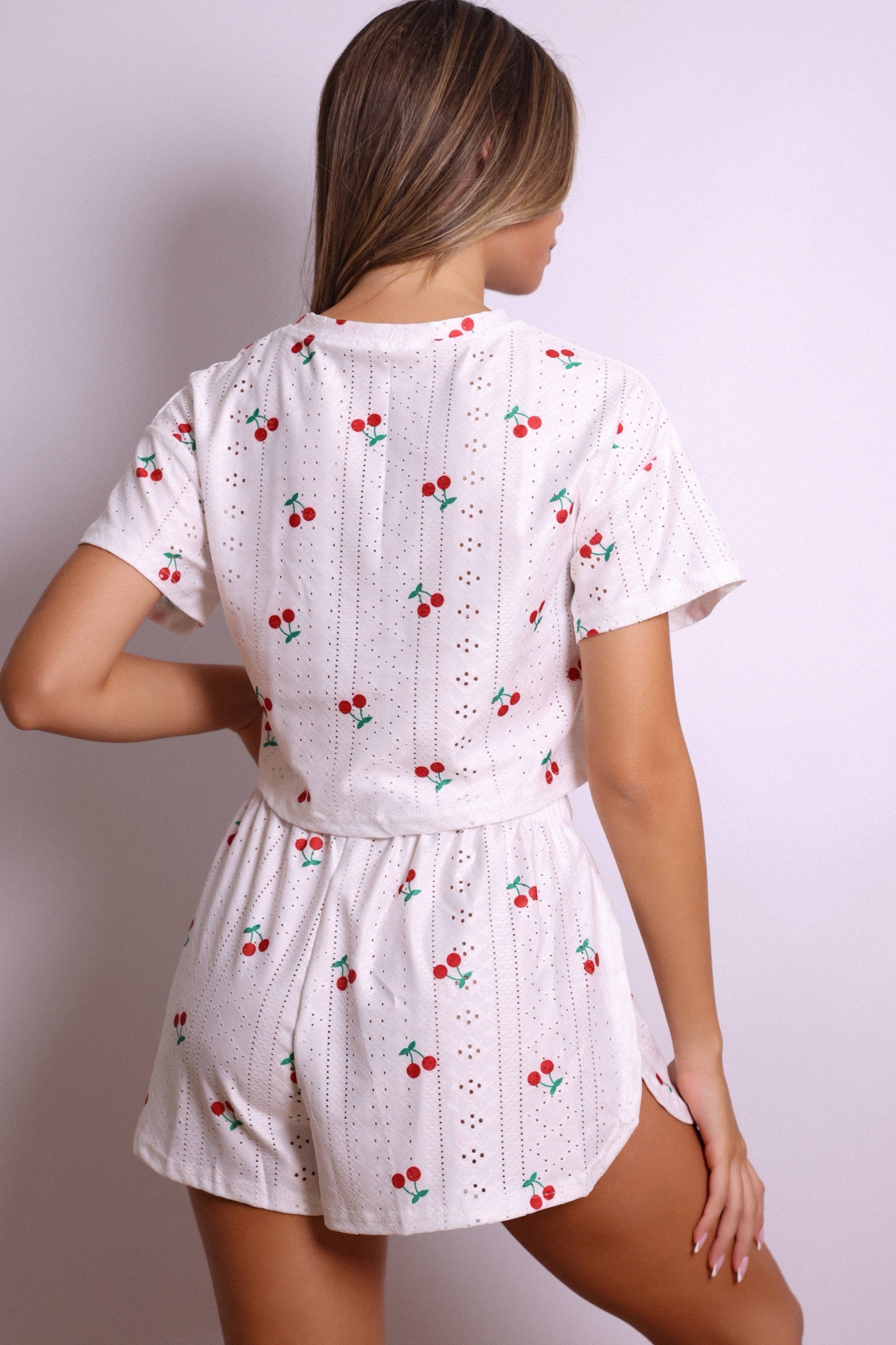 Ruby Cherry Dot Cropped Lounge Set – White