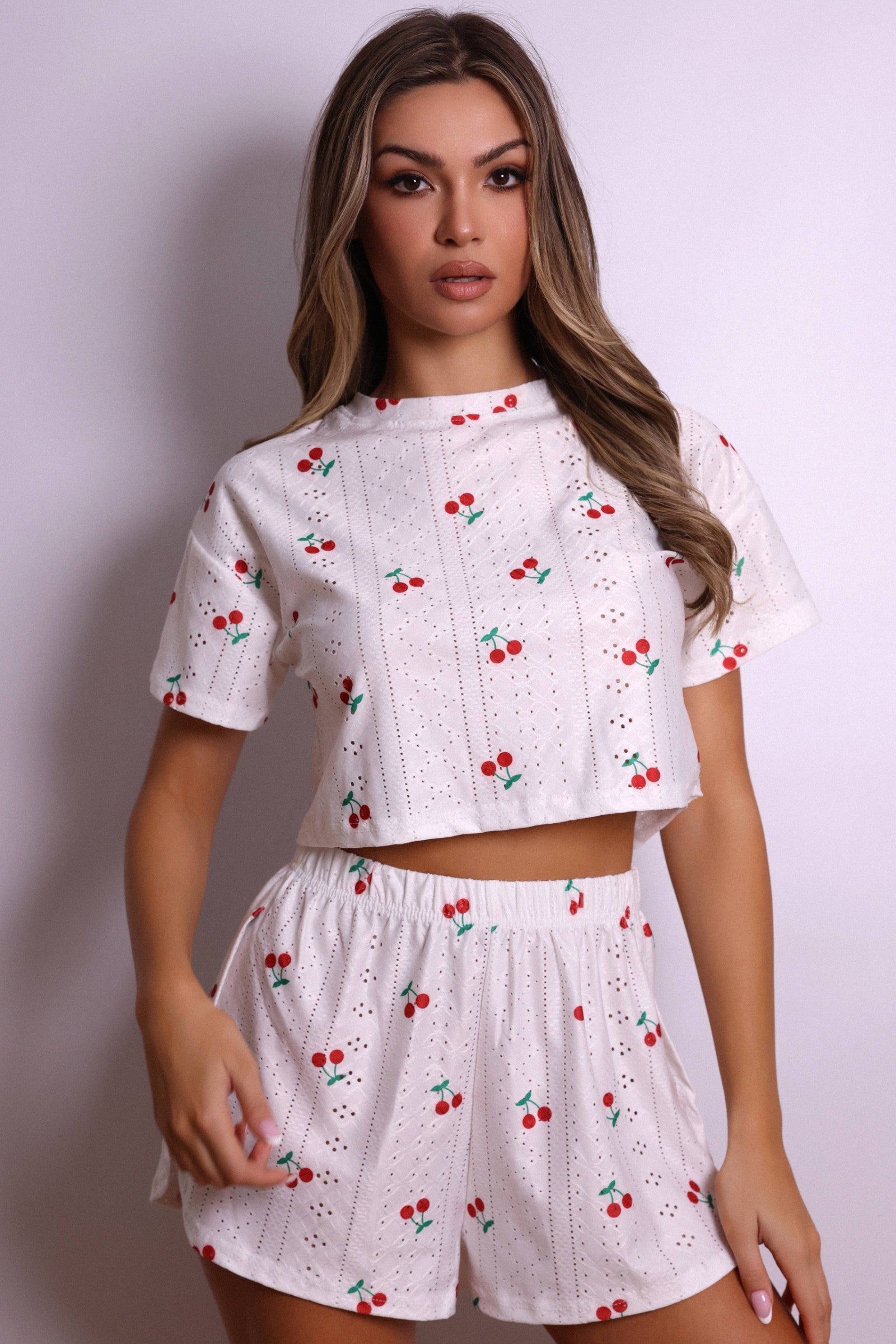 Ruby Cherry Dot Cropped Lounge Set – White