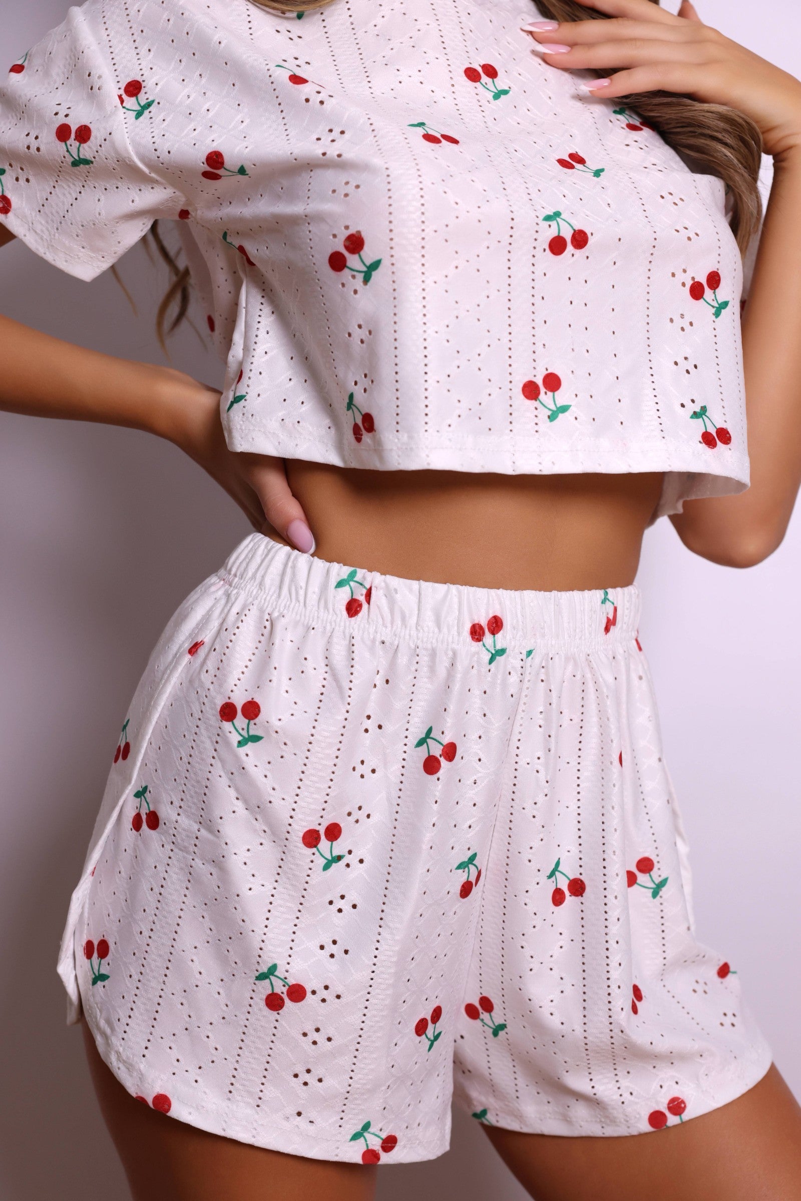 Ruby Cherry Dot Cropped Lounge Set – White