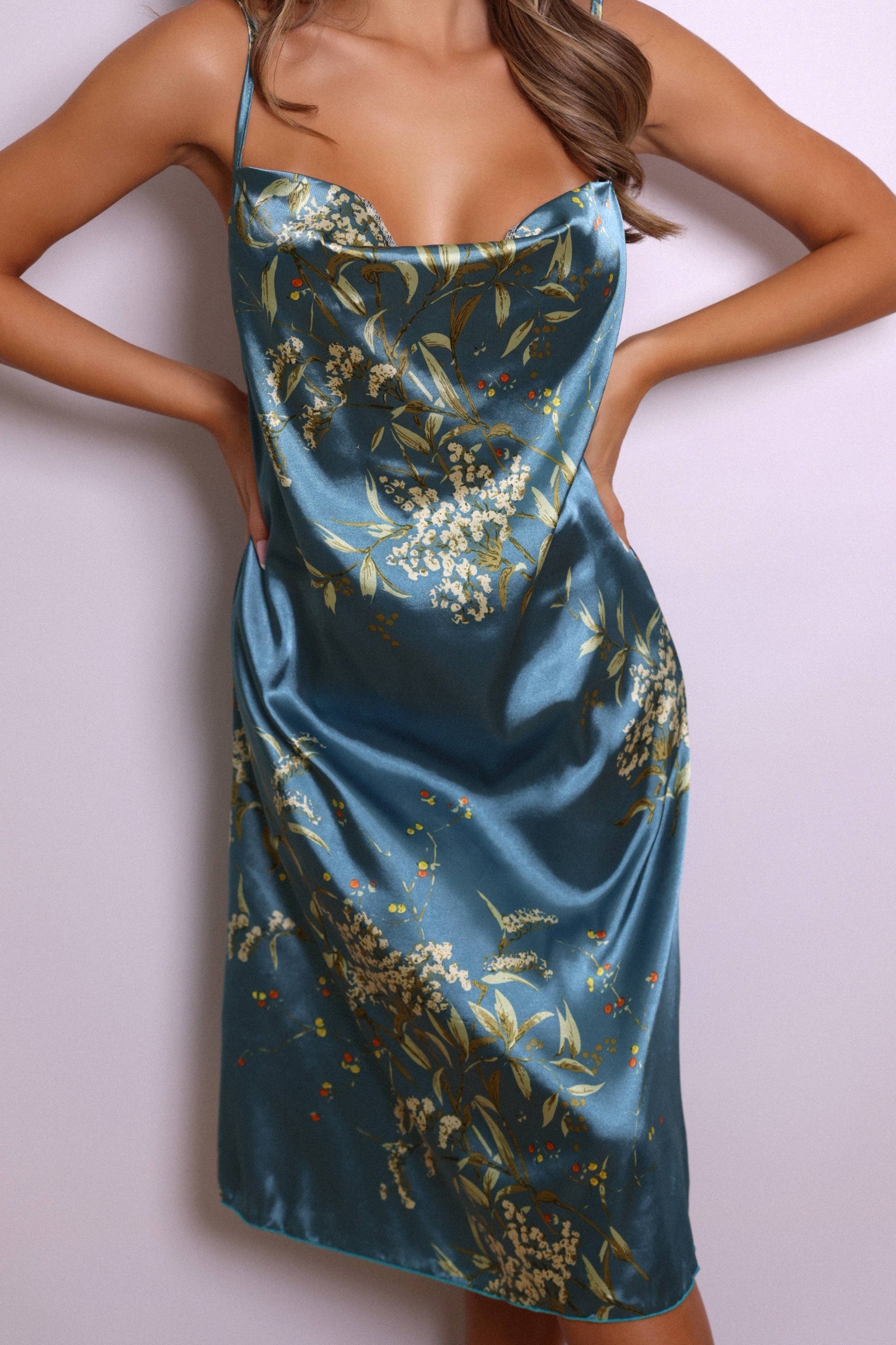 Seraphina Floral Satin Slip Dress - Teal