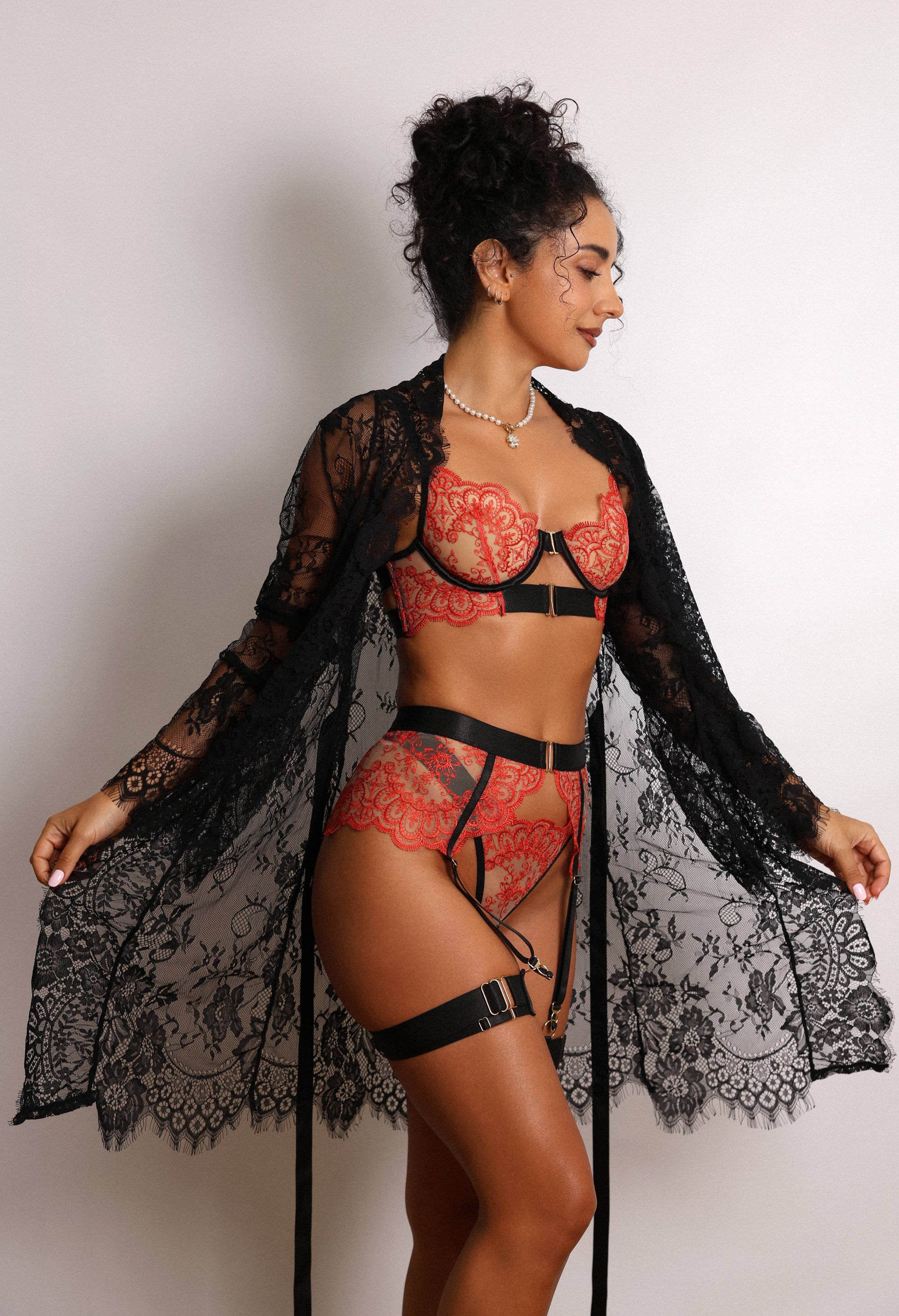 Sidonie Black & Red Signature Lace Robe Set - Black-Fascinating_Nights