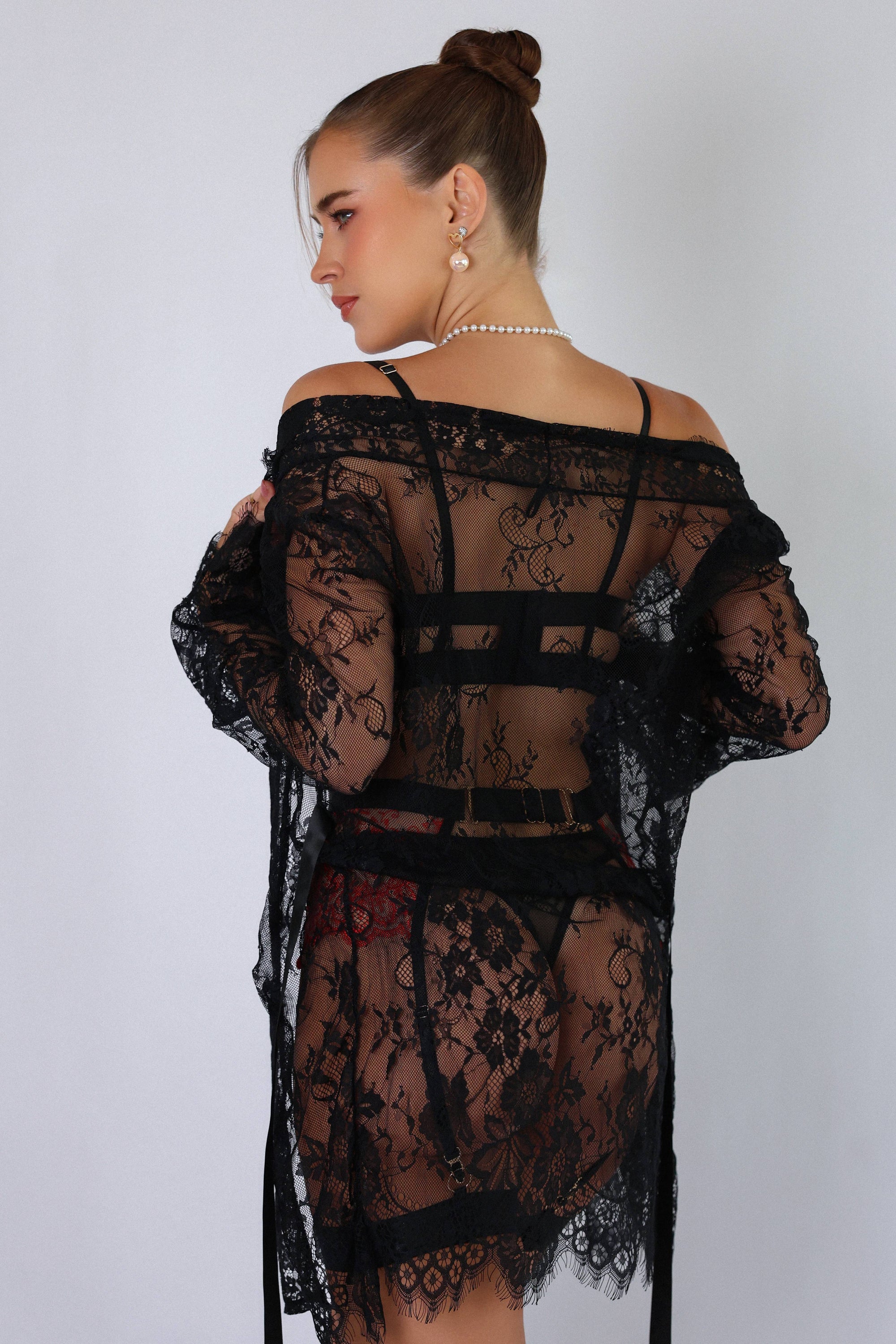 Sidonie Black & Red Signature Lace Robe Set - Black-Fascinating_Nights