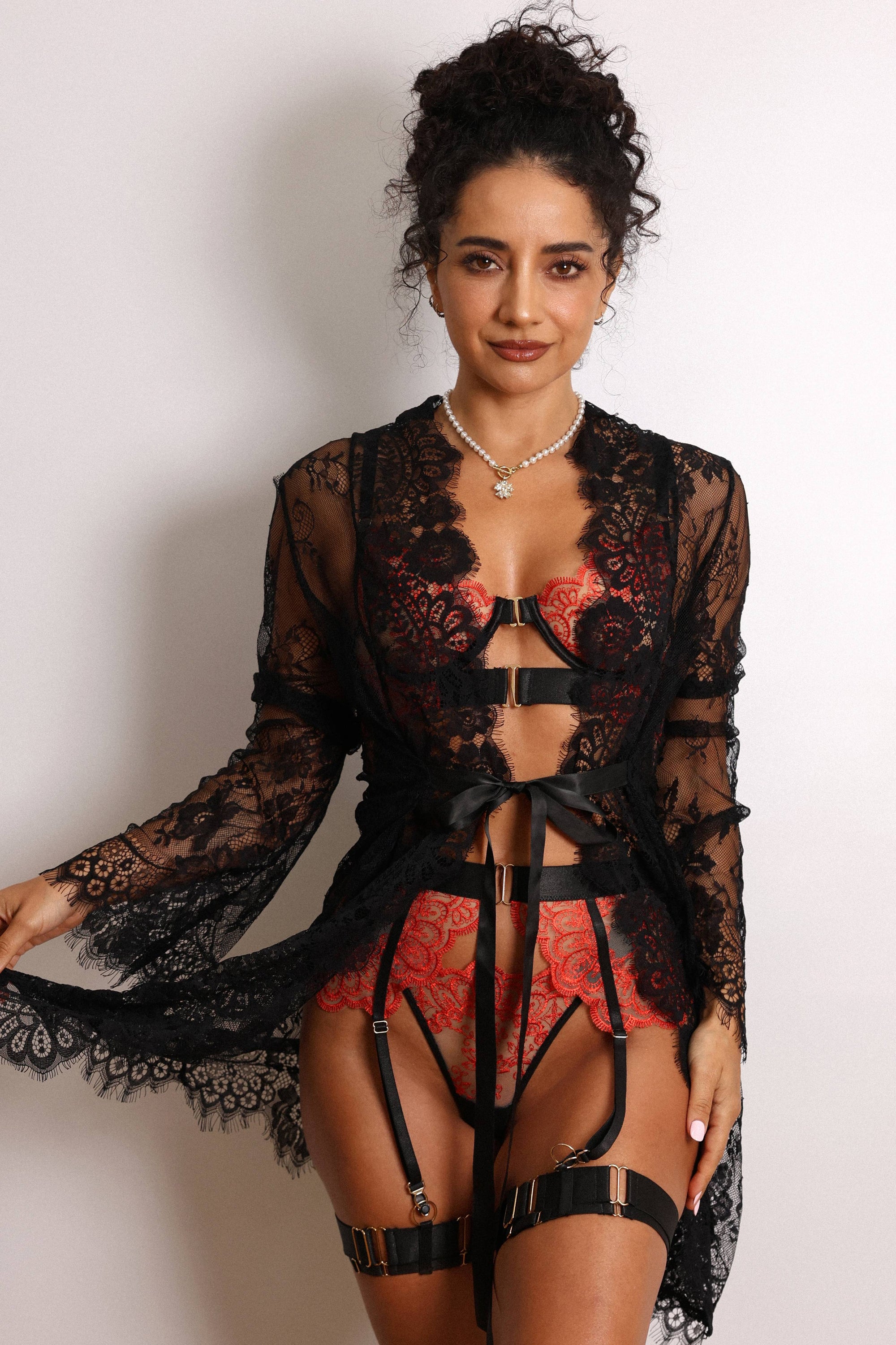 Sidonie Black & Red Signature Lace Robe Set - Black-Fascinating_Nights