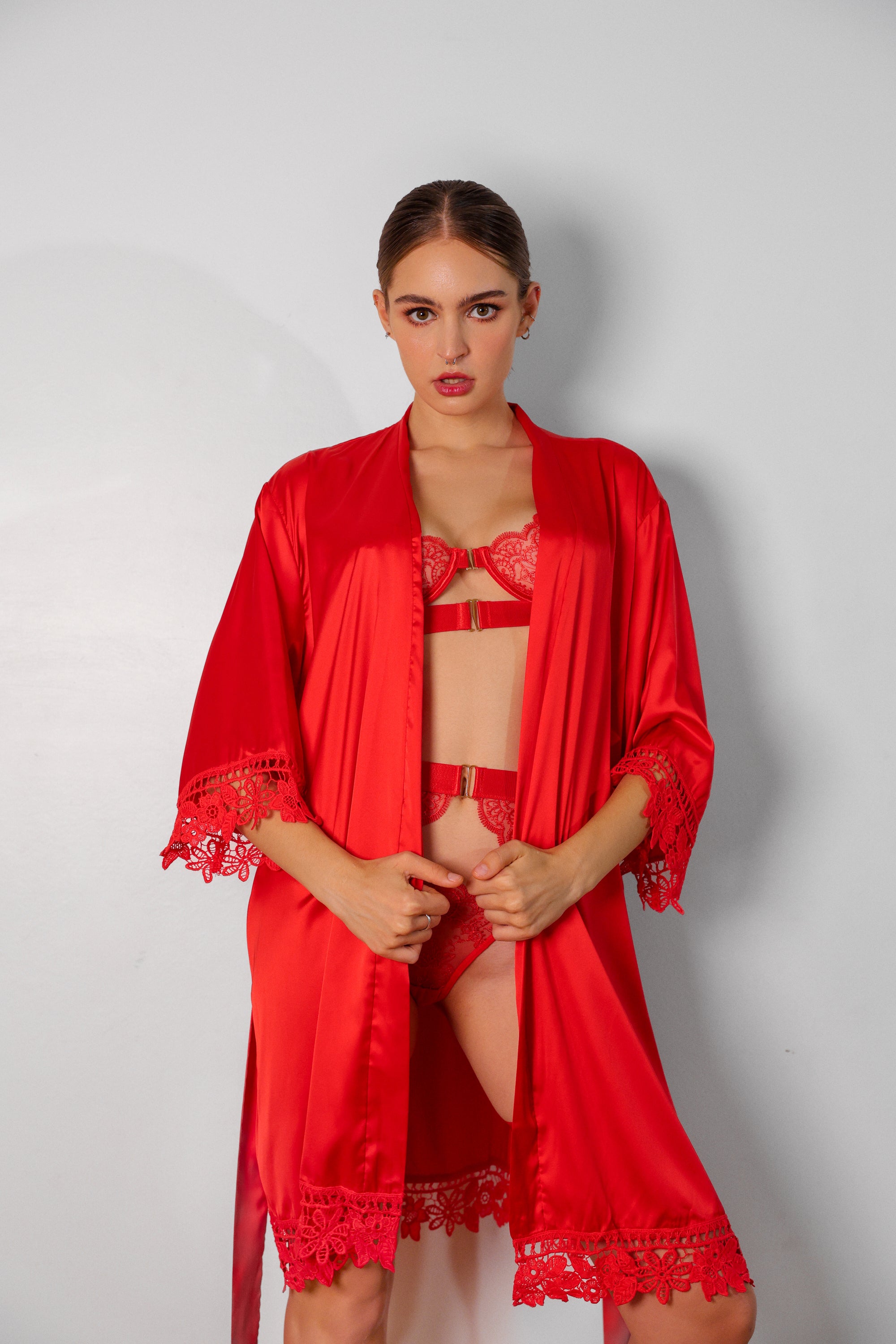 Sidonie Red Signature Silky Robe Set - Red-Fascinating_Nights