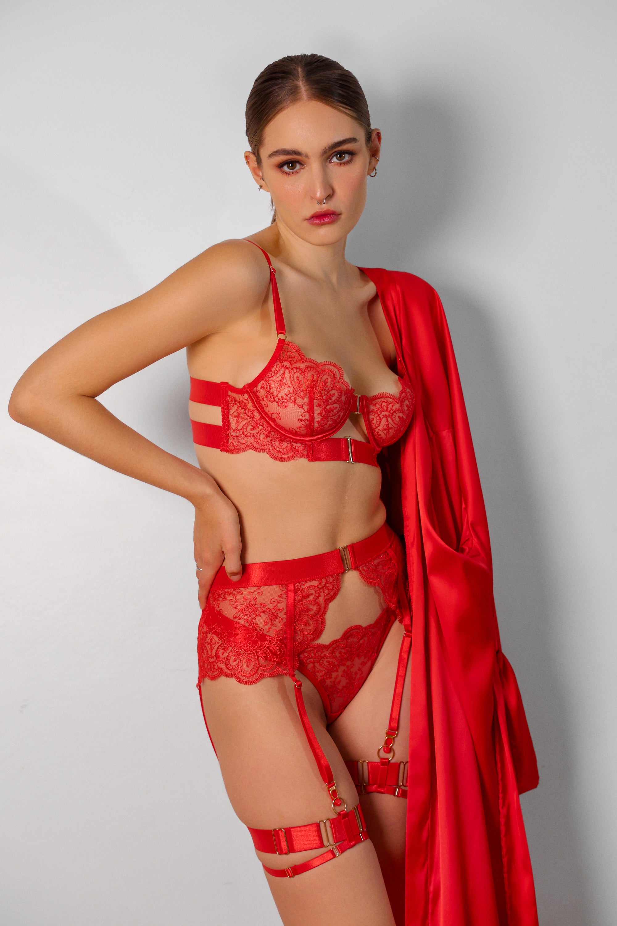 Sidonie Red Signature Silky Robe Set - Red-Fascinating_Nights