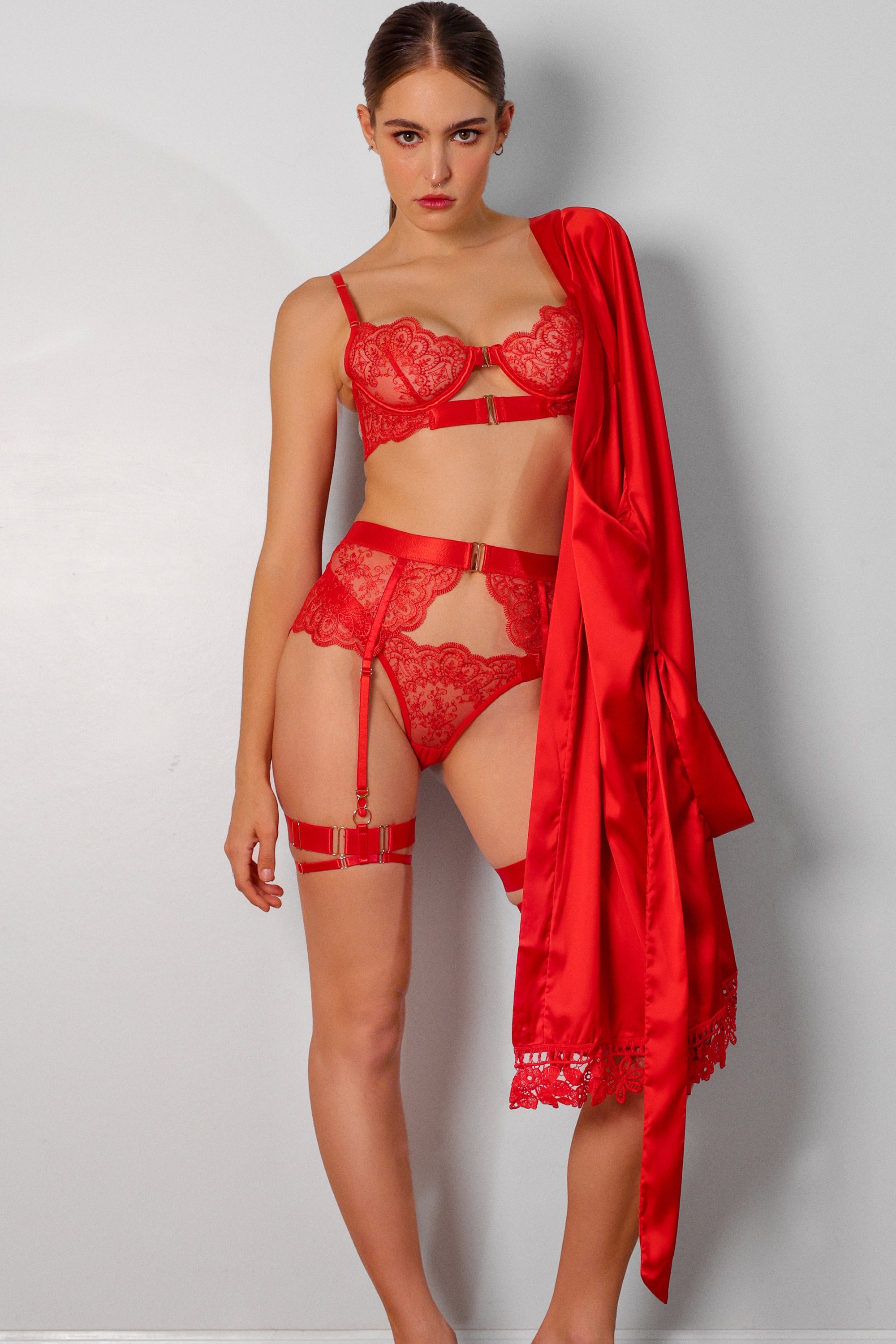 Sidonie Red Signature Silky Robe Set - Red-Fascinating_Nights