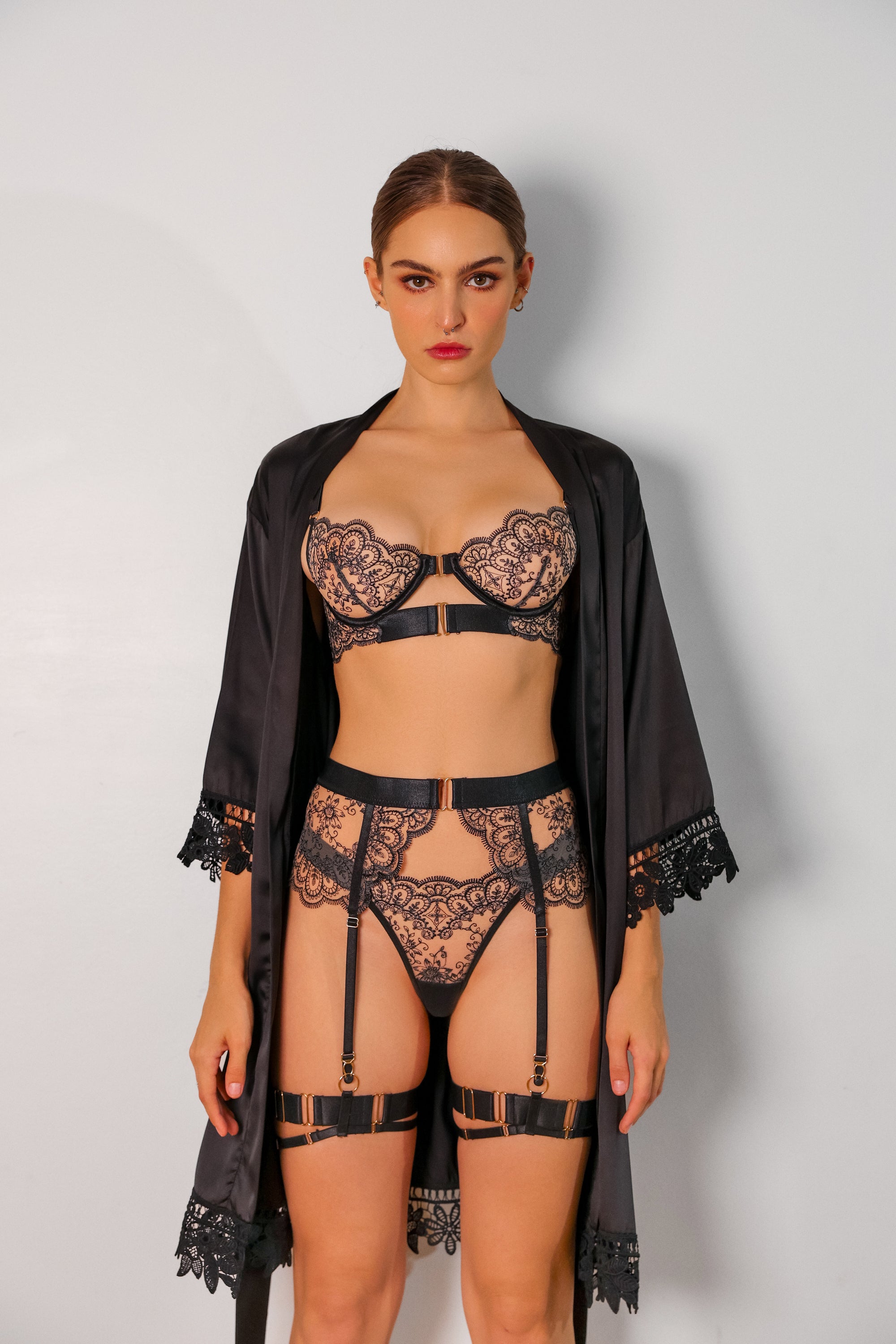 Sidonie Signature Silky Robe Set - Black-Fascinating_Nights