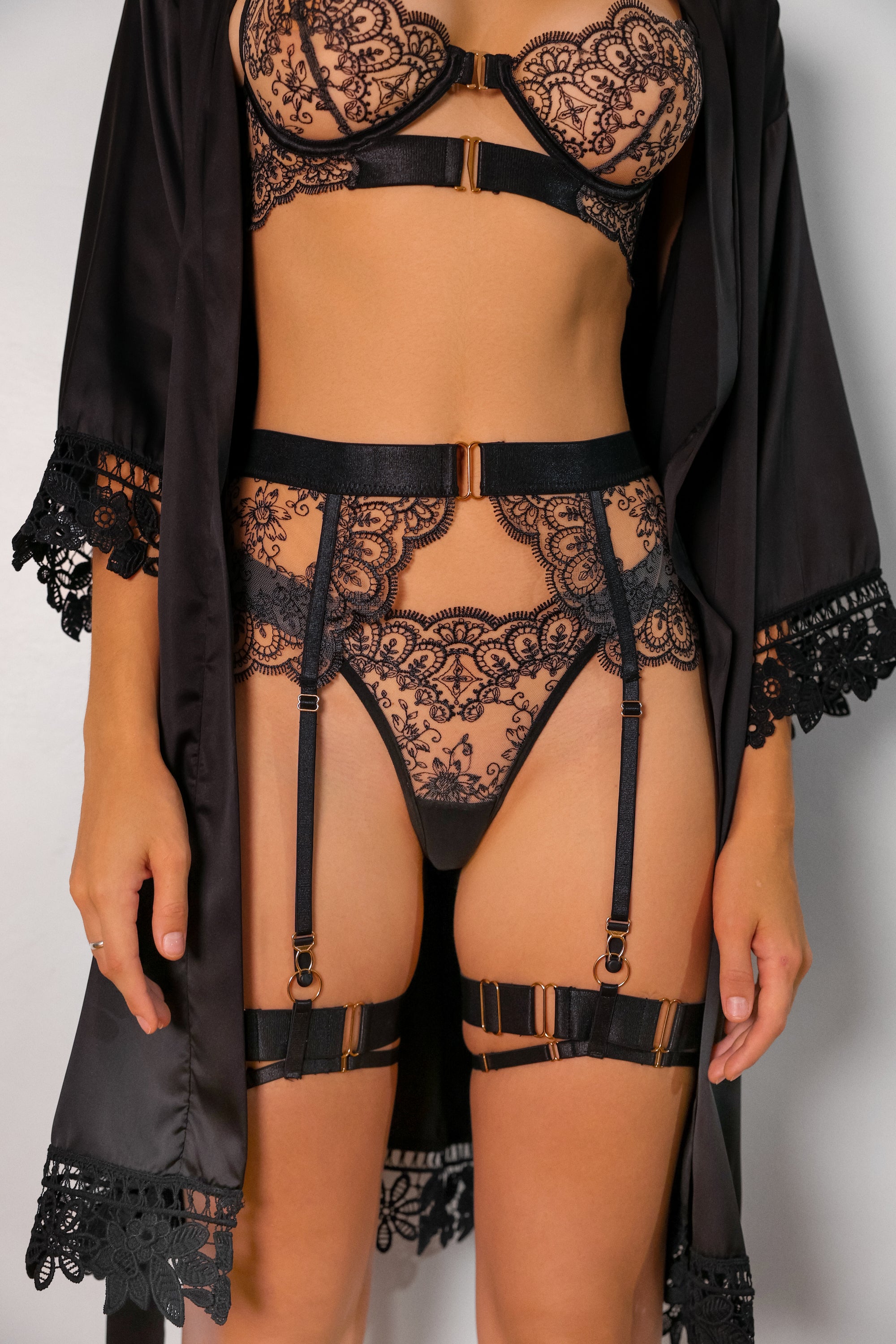 Sidonie Signature Silky Robe Set - Black-Fascinating_Nights
