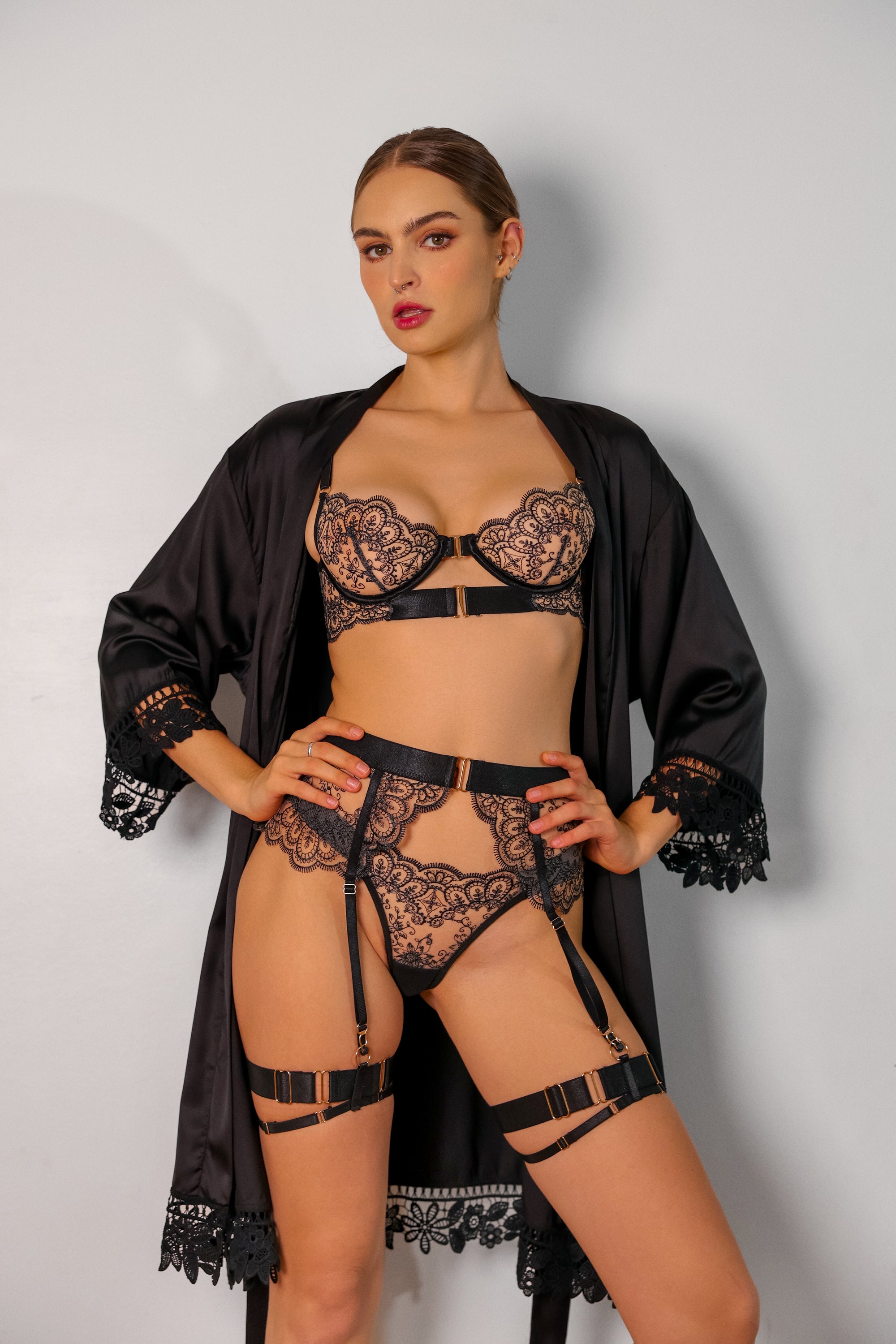 Sidonie Signature Silky Robe Set - Black-Fascinating_Nights