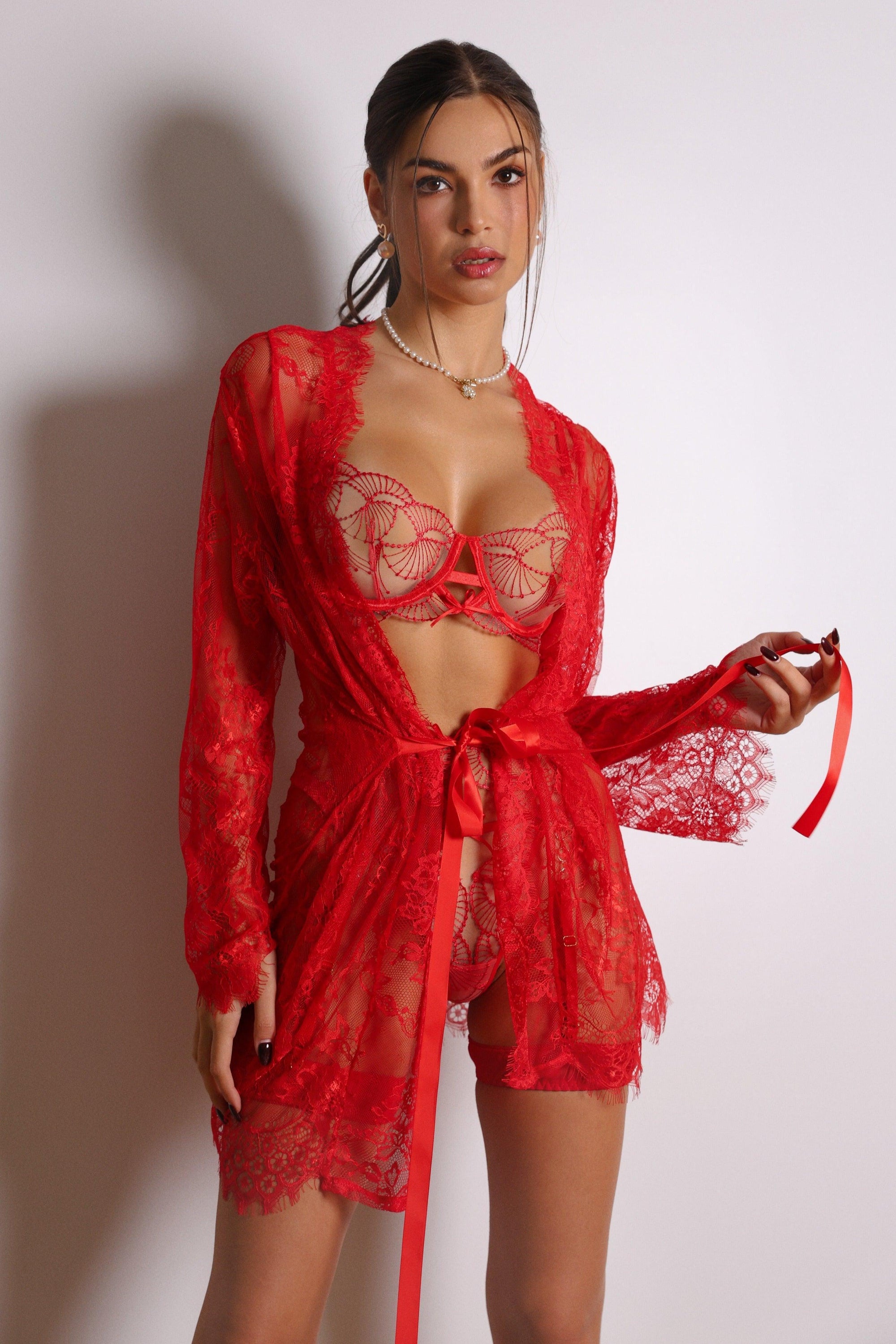 Valentina Signature Lace Robe Set - Red-Fascinating_Nights