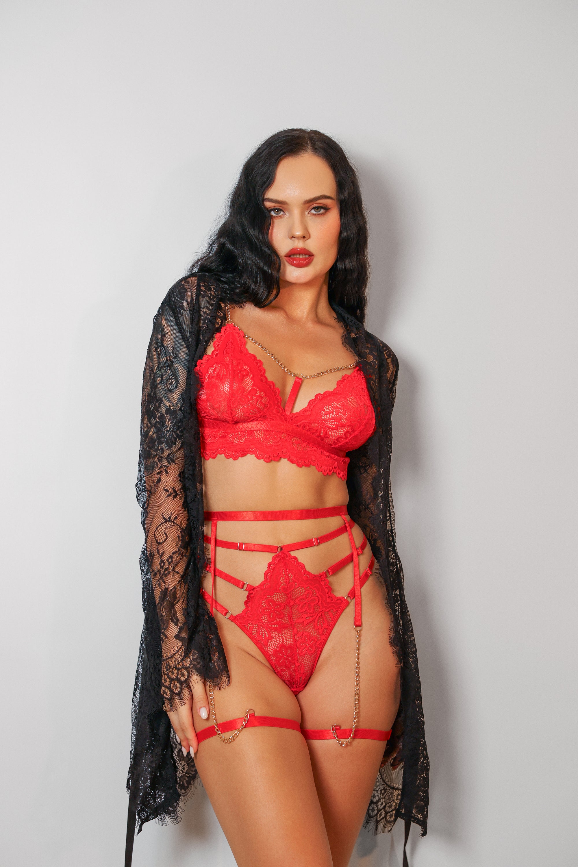 Zarnish Signature Lace Robe Set - Red-Fascinating_Nights